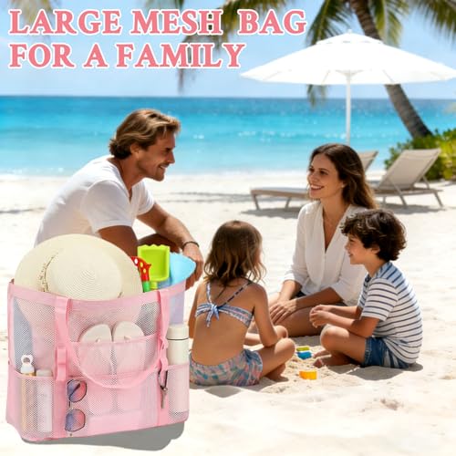 GYEUKHAM Mesh Beach Bag for Women, Sand-Resistant Pool Tote, 9 Pockets (1 Inner Zip), Foldable Family Travel Essentials - color: L-pink