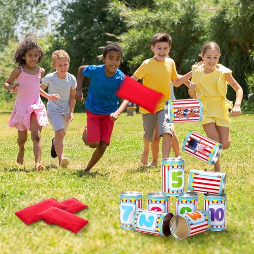 13 Pcs Carnival Can Game Bean Bag Toss Carnival Games with 10 Tin Cans and 3 Bean Bag for Easter Outdoor Family Party Birthday Indoors Outdoors Activities - style: Vivid Style