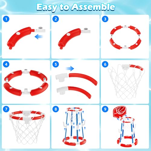 Pool Basketball Hoop with Backboard, Floating Pool Toys for 3-12 Years Old Kids Ring Game with 4 Balls 8 Rings & Pump Outdoor Swimming Pool Basketball Games Water Play Toy Family Party for Kids Adults - style: Red with Backboard