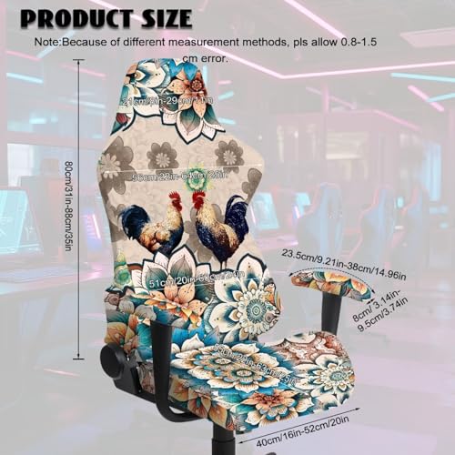 Suobstales Boho Mandala Rooster Chicken Print Gaming Chair Cover, 4pc/Set Ergonomic Office Computer Game Chair Slipcovers with Armrest Covers/Back Covers/Seat Cover for Reclining Racing Gaming Chair - color: Boho Mandala Rooster Chicken