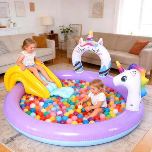 Unicorn Inflatable Swimming Pool with Water Slides, Inflatable Play Center Kiddie Pool with Water Sprayer Garden Outdoor Backyard - size: 76.8"