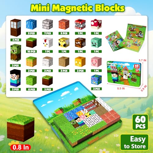 60 PCS Magnetic Blocks with Metal Box, 0.8in Mini Magnetic Building Cubes STEM Educational Toys for Kids Ages 3+ Boys Girls, Travel Airplane Classroom Play, Birthday Christmas Toy Gifts