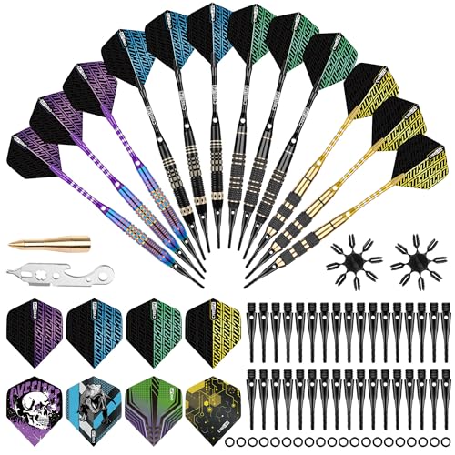 CyeeLife Darts Plastic Tip, Professional Soft Tip Darts Set for Electronic Dartboard 12pcs with 50 Extra Tips 12 Shafts 24 Flights 2 Flight Protctors 20 Rubber O Rings Shaft Lock System and Dart Tool