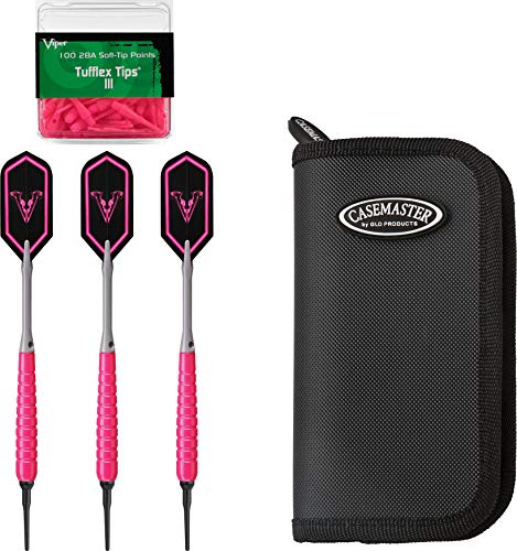 Viper V Glo Soft Tip 18gm Pink, Casemaster Deluxe Black Nylon Dart Case, and Viper 2BA Tufflex Tips III- Neon Pink 100ct. Box