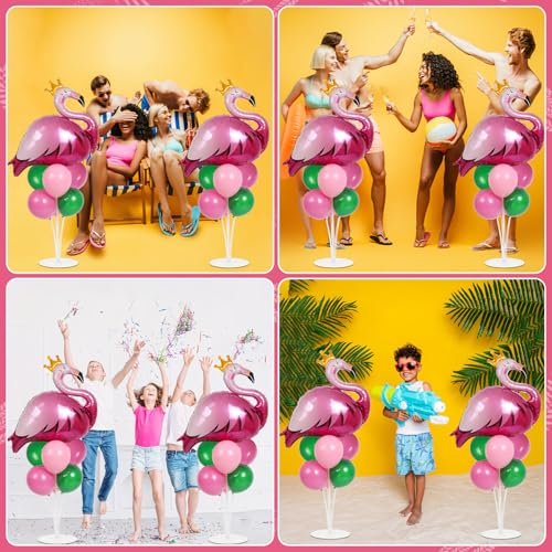 2 Sets Summer Tropical Flamingo Balloon Column Stand Kit with 102 Pink Green Flamingo Foil Balloons 5.57ft Balloon Tower Stand with Base Arch Column for Birthday Wedding Hawaiian Luau Party Decortions - style: Flamingo
