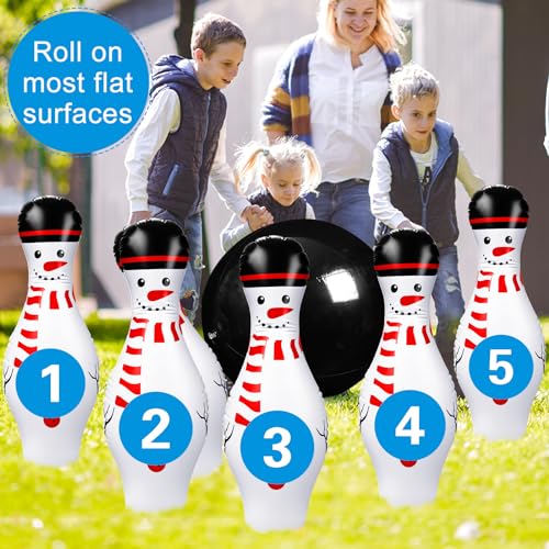 Poen 7 Pcs Glow in The Dark Giant Inflatable Bowling Set, Including 6 Pcs 27 Inches Bowling Pins and a 24 Inches Inflatable Ball Adults Outdoor Indoor Family Party - style: Snowman