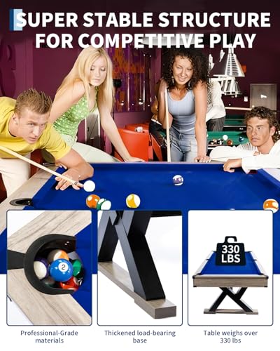 84" Billiard Table Set, Industrial 7FT Pool Table Includes 2 Cue Sticks, 16 Balls, 2 Chalk, Rack & Brush, K-Leg Design for Home, Basement, Office, Apartment, Game Room & Recreational Spaces, Red - color: Blue Cloth