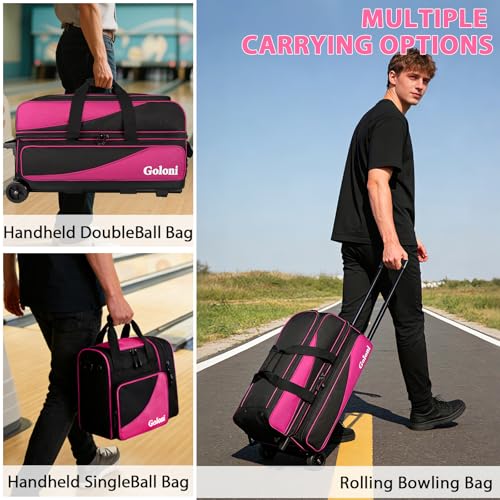 Goloni 3 Ball Bowling Bag with Wheels, Rolling Bowling Roller Bag with Retractable Handle for Balls & Bowling Accessories - color: 4 Ball-Pink