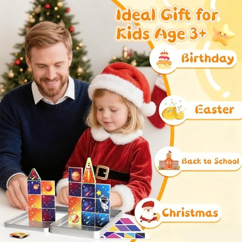 Mini Magnetic Tiles Travel Set, 31Pcs STEM Travel Magnatiles with Metal Case, Space Theme Educational & Creative Magnet Tiles for Kids