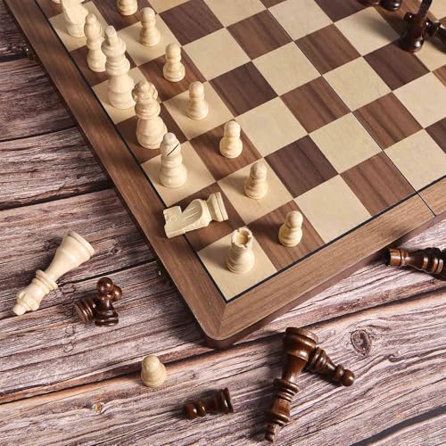 ELONGDI 15" Wooden Chess Set with Magnetic Pieces - Extra Queens - Folding Chessboard Portable Travel Tournament Chess Board Games for Adults Kids - size: 15 Inches