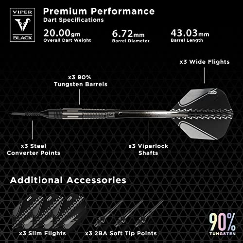 Viper Black Flux 90% Tungsten Conversion Darts, Professional Darts Steel Tip and Soft Tip Dart Set for Sisal and Electronic Dartboards, 20 Grams - color: Black/Silver