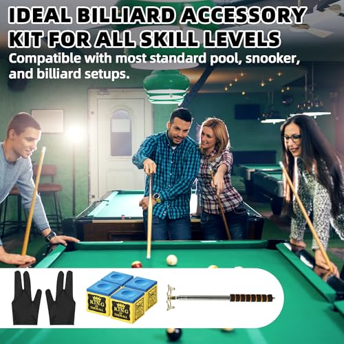 Pool Cue Bridge Head Kit with 2 Billiard Gloves & 4 Cue Chalks – Complete Billiards Accessory Set for Pool Tables, Smooth Stroke Gloves, Premium Cues Chalk, Universal Bridge Head for Precise Shots