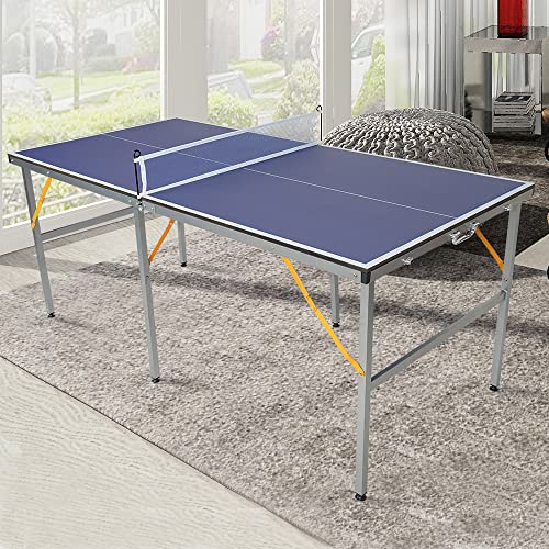 4 ft/5 ft/6 ft Table Tennis Table Ping-Pong Tables Set - 100% Preassembled Foldable & Portable Tables with All-Weather Aluminum Composite Frame & Removable Net for Outdoor/Indoor - size: 6 FT