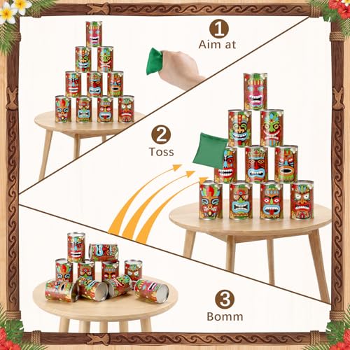 13 Pcs Luau Party Games Luau Tiki Can Toss Game Bean Bag Toss Include 10 Tin Can and 3 Bean Bag for Kids Summer Tiki Family Tropical Hawaii Aloha Indoors Outdoors Activities Party Supplies - style: Tiki Style