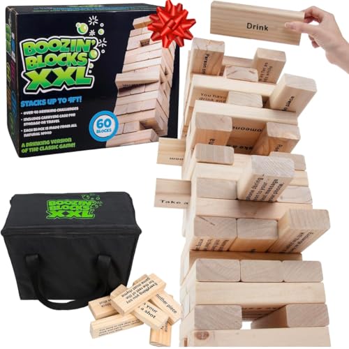 Extra Large Stack Tower Drinking Game w Carrying Case - Stack up to 5 Ft Tall- 60pcs Giant Wooden Blocks w Drinking Commands (21+ Only) - Fun Party Game for College & Adults