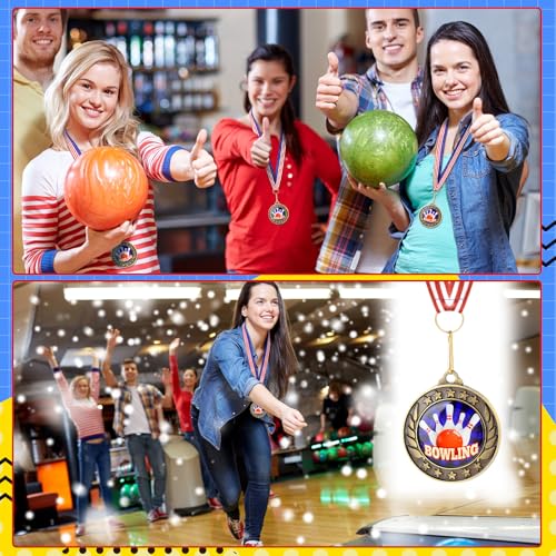 Realspring 8 Pcs Bowling Award Medals with Stars and Stripes 2 Inches Bowling Ball Medal with American Flag Neck Ribbon for Adults Tournament