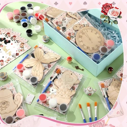 Saypacck 24 Pcs Wonderland Party Favors Wooden Painting Craft Kits Birthday Party Supplies with Organza Bag for Goodie Bags Fillers Adult Thank You Gifts - style: Wonderland