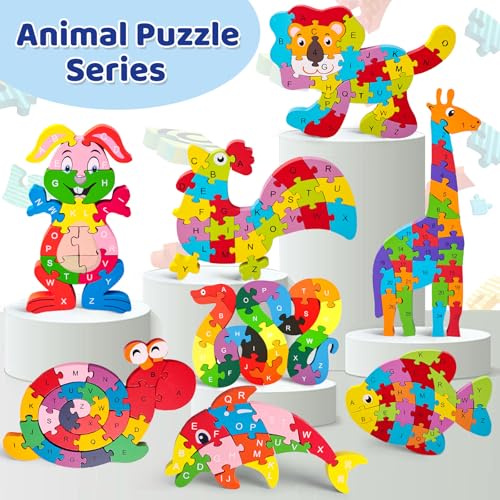 LovesTown Wooden Puzzles for Kids, Double Sided Snake Jigsaw with Alphabet & Numbers, Montessori Educational Toy for Toddlers, Chunky Animal Gift - size: Medium, style: Snake