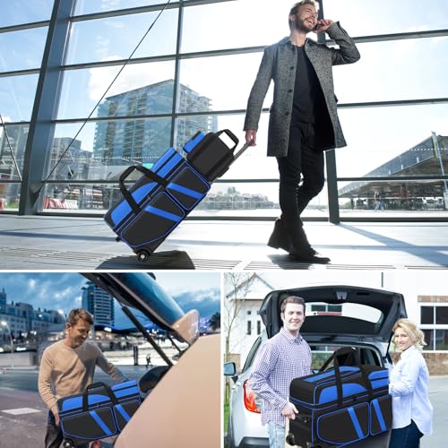 4 Ball Bowling Bags with Wheels, Bowling Ball Bag with Multi-Pockets,4 Ball Bowling Bag with Secure Buckle Fixed Ball Cup & Shoe Compartment,3 Ball Bowling Bag+1 Ball Color Matching Add On Tote - color: blue 3+1
