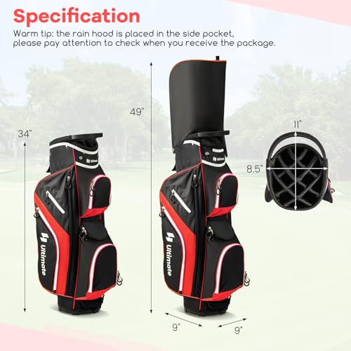 ULTIMATE Golf Cart Bag with 14-Way Top Dividers, Golf Club Bag w/ 9 Pockets incl. Cooler Bag, Rain Hood/Dust Cover, Detachable Shoulder Strap & Carry Handles, Lightweight for Men & Women - color: Red