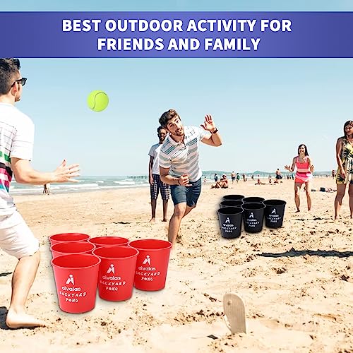Aivalas Yard Pong Outdoor Games, Giant Yard Games Set with 12 Buckets and Balls for Adults and Family, Toss Game Throwing Games for Beach, Camping, Lawn and Backyard - color: Red/Black