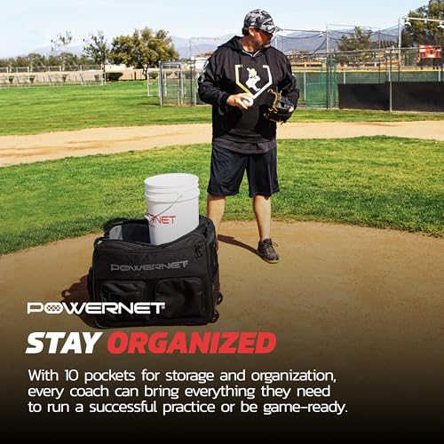 PowerNet Rolling Bucket Bag, Holds 2 6-Gallon Bucket of Baseballs & Softballs, Storage Pockets for Baseball Bat, Gloves & Scoreboards, Fits Launch F-lite Pitching Machine & Balls - style: Standard