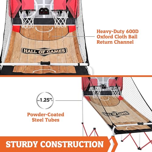 Hall of Games EZ Fold Premium Indoor Arcade Basketball Game with Steel Frame and Polycarbonate Backboard, Dual Shot Electronic Scoring with 6 Size 3 Balls Included, Perfect for Basement Game Rooms - style: FAST-Fold (Easy to assemble)