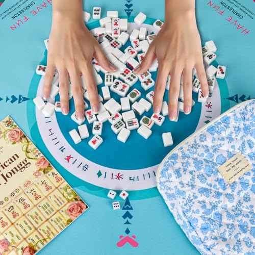 Travel American Mahjong Tile Set, 166 PCS 0.8 Inch Mini Mahjong Game Tiles, 4 Wooden Racks, Floral Storage Bag, 3 Dice & Beginner's Guide, Complete Portable Set