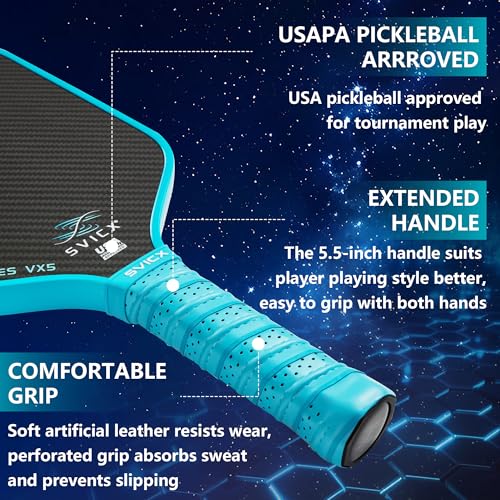 Carbon Fiber Pickleball Paddle 16mm – Professional Pickleball Paddles with Superior Control, Power & Spin – Extended Handle for Two-Handed Grip, USAPA Approved - color: Light Blue