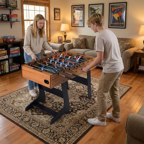 Goplus Folding Foosball Table, 48'' Full Competition Size Freestanding Soccer Game Table with 22 Players, 2 Balls, Space-Saving Foldable Arcade Table for Adults Family Game Night - color: Natural