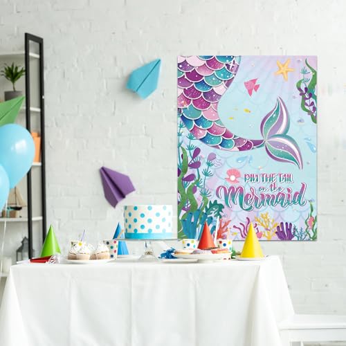 Faccito Stick Tail on The Mermaid Party Game Mermaid Games Set Include 21 x 28 Inch Large Poster 24 Pcs Reusable Tail Stickers Blindfold Ocean Sea Theme Party Supplies Birthday Favors - style: Mermaid