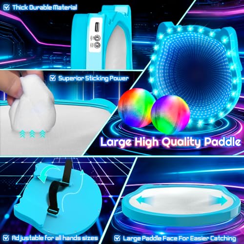 3D LED Light Up Toss Catch Ball Game Set Toys for Back Yard Outdoor Party Favors Glow in Dark Sticky Paddle Baseball Gift Age 5 6 7 8 9 10 11 12 Years Old Girls Boy Kid Family Adult - color: Pink 2 Paddle 2 Balls