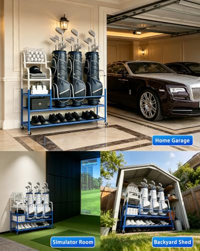 Golf Bag Storage Garage Organizer for 3 Bags, Golf Storage Rack with Wheels | 50% More Space Multi-Zone, All-In-One Compact 5-tier Upscale Sporty Heavy-Duty Rack, 4 360° Casters,Movable Basket,Golf Gifts - size: 3 Golf Bag Rack丨50.4"(L)x15.8(W)"x44.6"(H)