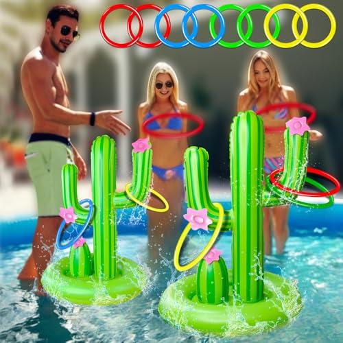 TURNMEON 2 Pack Inflatable Luau Cactus Pool Ring Toss Game Set - 8 Plastic Rings & Wider Base, Adults Summer Hawaiian Beach & Outdoor Party Supplies - color: Inflatable Flamingo Pool Toys