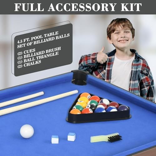 Pool Table Set with 2 Sticks 16 Balls Triangle Chalk Brush, Portable Wooden Billiards Game Table for Kids, Indoor Family Party Game Room and Playroom Fun - color: 54 Inch-blue