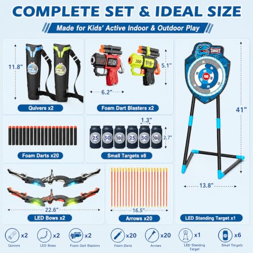 VROGTIK 2 Pack Kids LED Bow and Arrow Set with Standing Target, 20 Suction Cup Arrows, 2 Quivers & Foam Dart Toys, Indoor Outdoor Archery Toy Gift for Boys Girls Ages 3-12 - color: Blue/Green