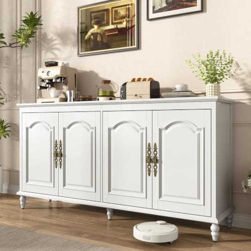 Hlivelood 65" Buffet Cabinet with Storage, Mid Century Modern Sideboard with Adjustable Shelves, Paint Cabinet, Wood Carving Design, Brass Carved Handles & Solid Wood Gourd Legs, Pearl White - color: Pearl White