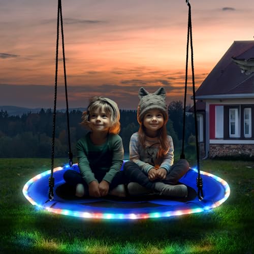 Trekassy 700lbs 40” Saucer Tree Swing with LED Lights for Kids Adults Outdoor 2 Tree Hanging Straps-Blue - color: Blue