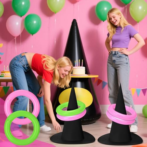 Leitee 25 Pcs Witch Hat Ring Toss Games Set Halloween Party Favors Pink and Green Party Decorations 5 Black Oxford Fabric Wizard Hats with 20 Inflatable Rings for Girls Women Birthday Movie
