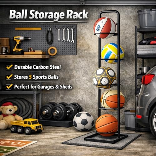 Vertical Ball Storage Rack - Adjustable 5-Tier Sports Organizer Stand for Basketball, Soccer, Volleyball and More(56.7inches) - style: 5-tier without Basket