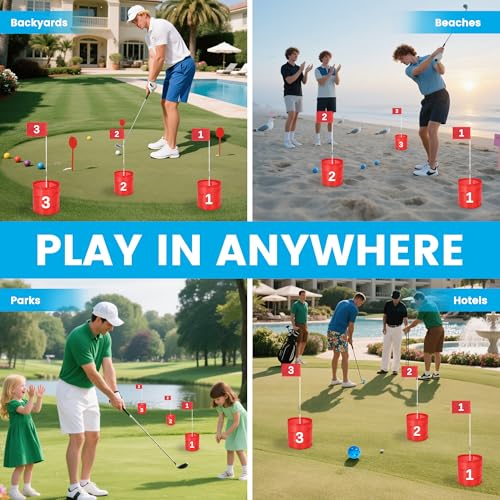 Golf Bucket Yard Game 6-Hole Set with 2 Clubs, Portable Outdoor Yard Game for Family and Adults, Golf Chipping Practice for Lawn, Beach, Camping, Park - 6 Holes
