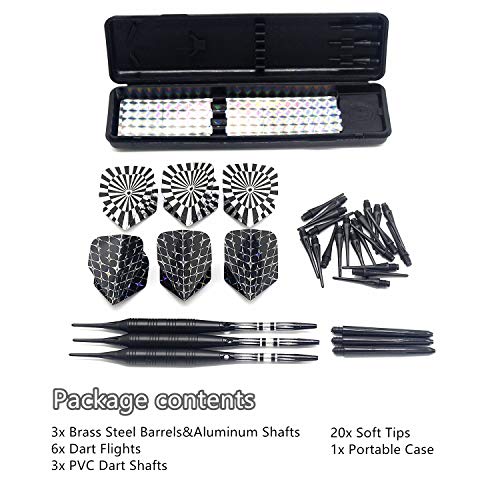 Soft Tip Darts Set for Electronic Dart Board 22g Plastic Tip Darts Set with Brass Barrels&Aluminum Shafts, 6 Flights 3 Spare Plastic Dart Shaft 20 Soft Tips Portable Case (22g-Silver&Black)