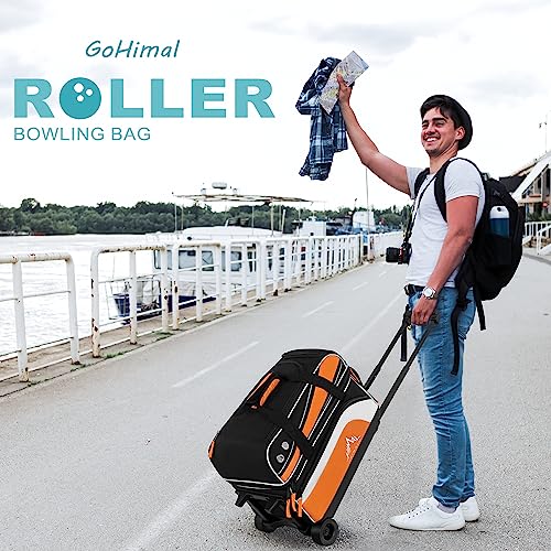 GoHimal Double Roller Bowling Bag, Shoe Compartment, Upgraded Fabric | Fits US men's size 15 shoes,multi pockets,retractable handle extends to 40",smooth-rolling wheels,lightweight design - color: Black-Orange