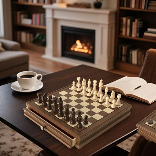 Premium Natural Walnut 13" x 13" Magnetic Wooden Chess Set with 1 Built-in Storage Drawers - 2 Bonus Extra Queens - 24 Checkers Pieces - Staunton Chess Pieces, Board Games Chess Sets - color: Brown