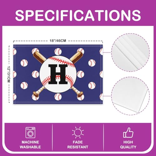 Baseball Place Mats 12x18 Inch Set of 4 Initial Letter H Table Mats for Boys Teens Adults White Baseball Sports Blue Kitchen Mats for Dining Table - color: Blue H