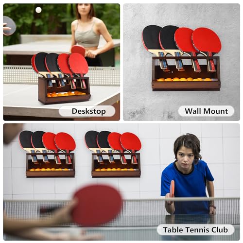 Ping Pong Paddle Holder Wall Mount & Desktop 2-in-1,Table Tennis Racket Display Organizer Holds 8 Rackets, Ping Pong Paddle Storage Rack in Game Room, Man Cave, Office, Home, Brown - color: Desktop/Brown