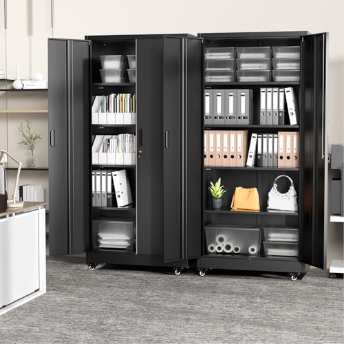 Greenvelly 73" Metal Storage Cabinet with Wheels, Lockable Rolling Metal Garage Cabinets with 2 Doors and 4 Adjustable Shelves, Rolling Tool Cabinet for Garage, Home Office, School - color: Black, style: 73"H-Wheels