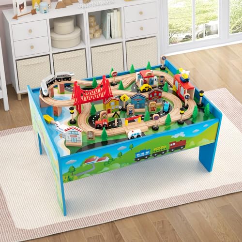 Costzon Train Table, 80 Pcs, Wooden Kids Activity Table Playset with Reversible & Detachable Tabletop, Solid Wood Tracks, Train, Railway, City, DIY Design, Gift for Boys & Girls, Multi-Color - size: 32.5" x 23.5" x 16" (L x W x H)