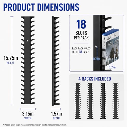4-Pack Video Game Storage Wall Mount, Black Metal Shelves with 8 Screws & 8 Plastic Expansion Tubes, Media Storage Holds 72 Discs Fit for PS, Xbox, Switch