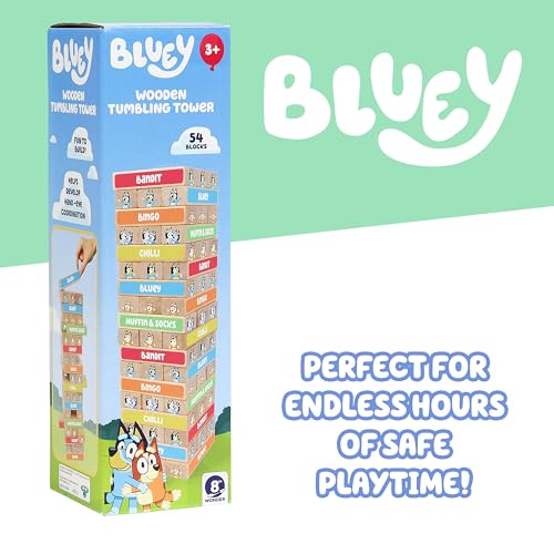 Bluey 8th Wonder Stackable Tumbling Tower Game, Robust Wooden Stacking Game with 54 Illustrated Colored Blocks, Fun Balancing Toy for Kids Ages 3+ - style: Tumbling Tower